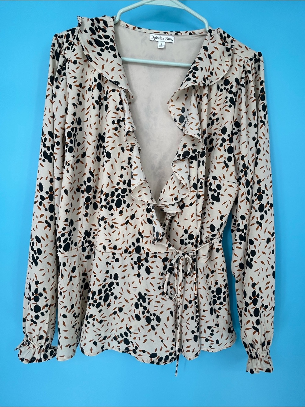 Ophelia Roe Beige Floral Ruffle Wrap Blouse